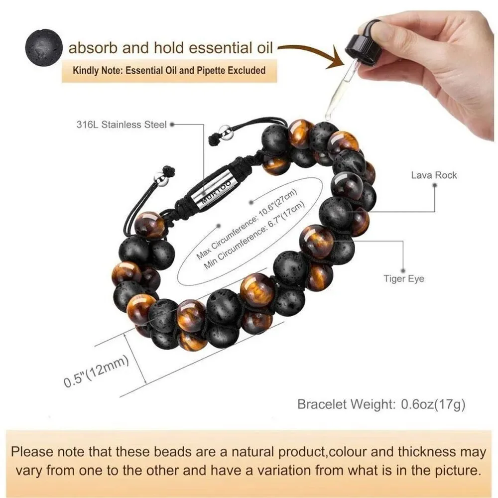 Tiger Eye, Mate Onyx & Lava Rock 6mm Adjustable Bead Bracelet